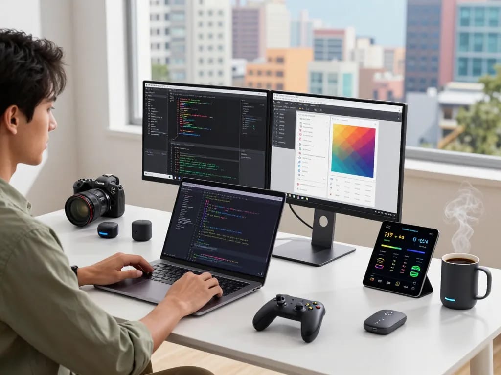 Dynamic tech workspace showcasing must have tech gadgets in a productive environment with Bluetooth devices and professional setup.