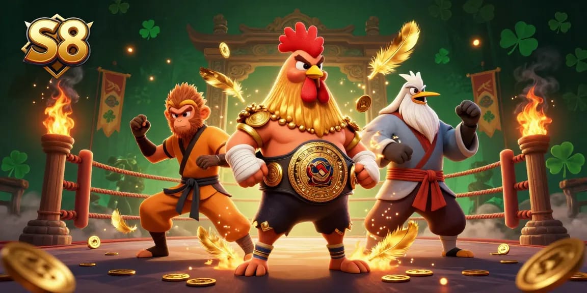 S8 casino scene featuring a Muay Thai rooster, a Shaolin monkey, and a wise crane master amidst vibrant betting tokens.