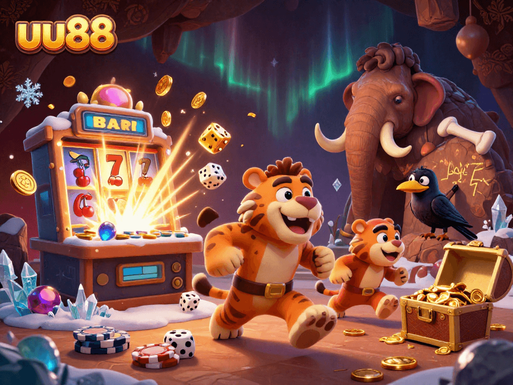Engage in thrilling gameplay at uu88 with a lively prehistoric casino scene showcasing iconic casino elements.