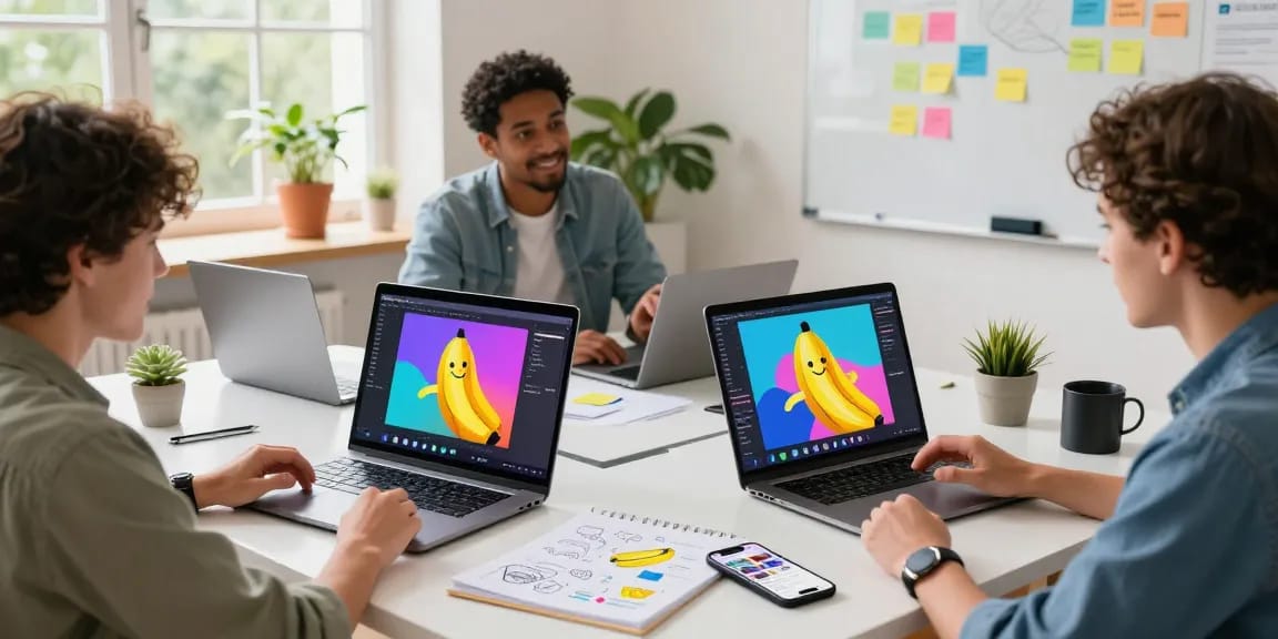 Dynamic collaboration scene showcasing the innovative features of nano banana 2 AI image editor in a creative workspace.