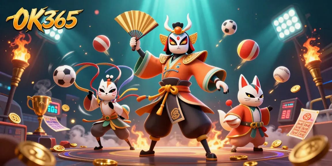 Place your bets with OK365, featuring vibrant 3D casino characters and dynamic sports elements.