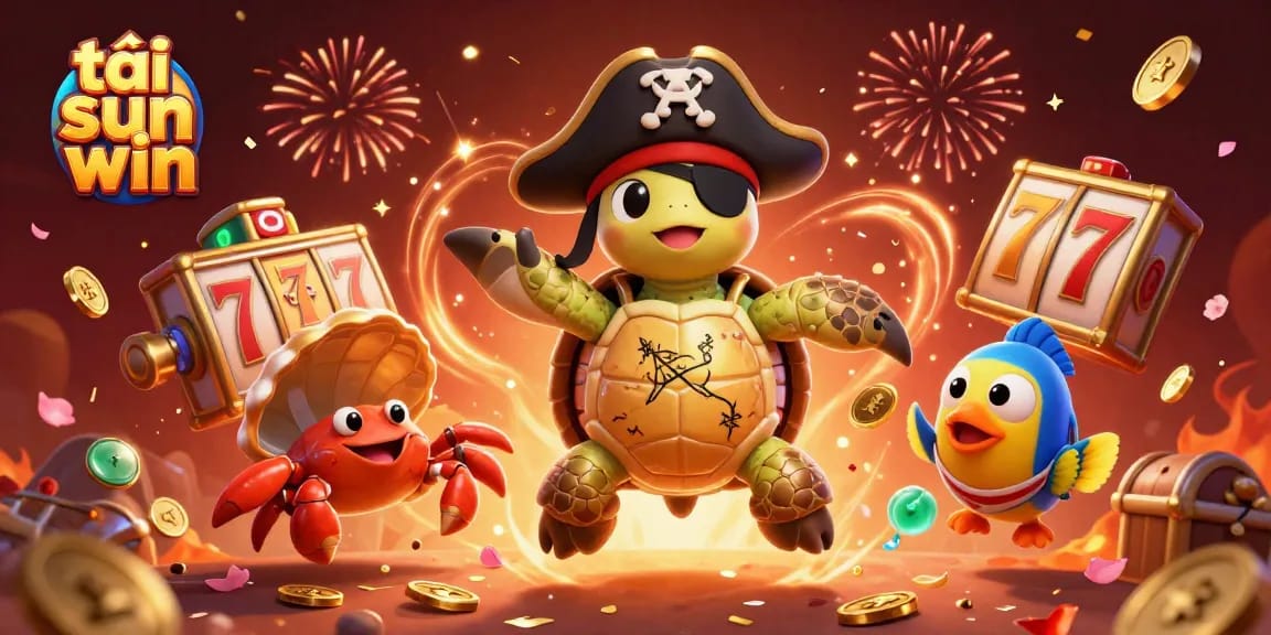 Join the adventure with tải sun win as the pirate turtle navigates a treasure-filled casino scene.
