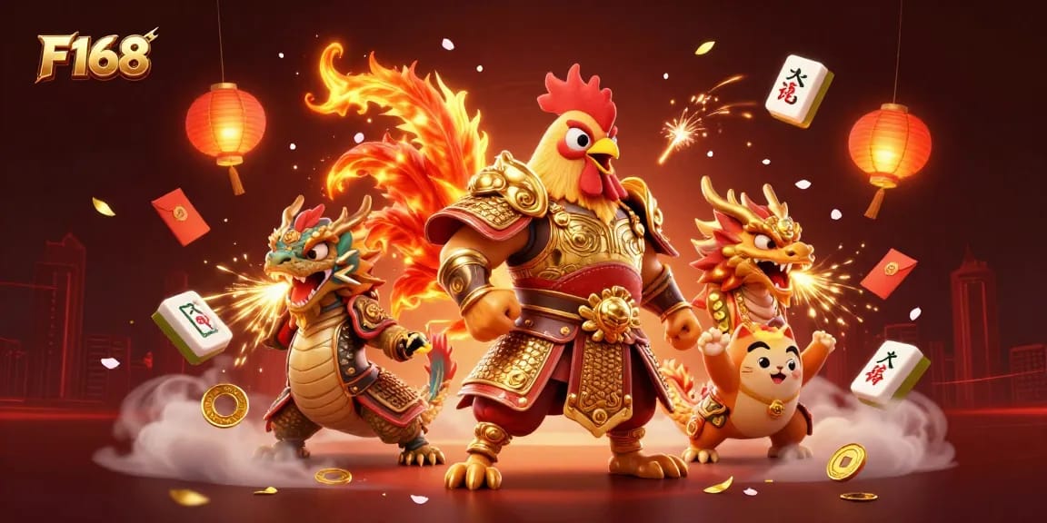 Experience vibrant action at F168 with a powerful rooster warrior and dragon hatchling in a rich casino scene.
