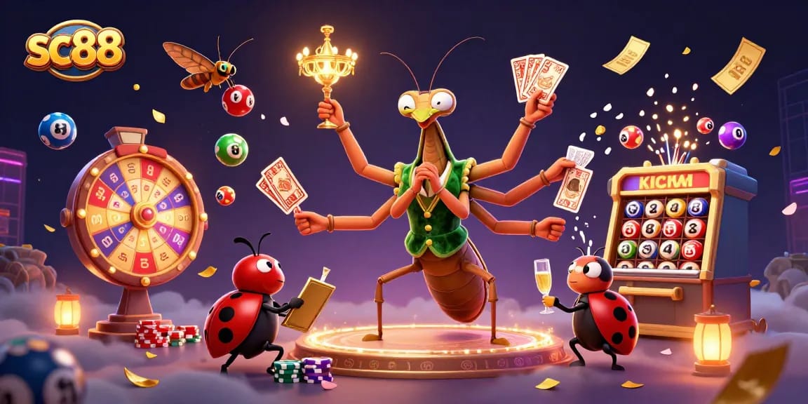 Engaging sc88 casino scene with a giant praying mantis card sharp and ladybug pit boss themed around gambling excitement.