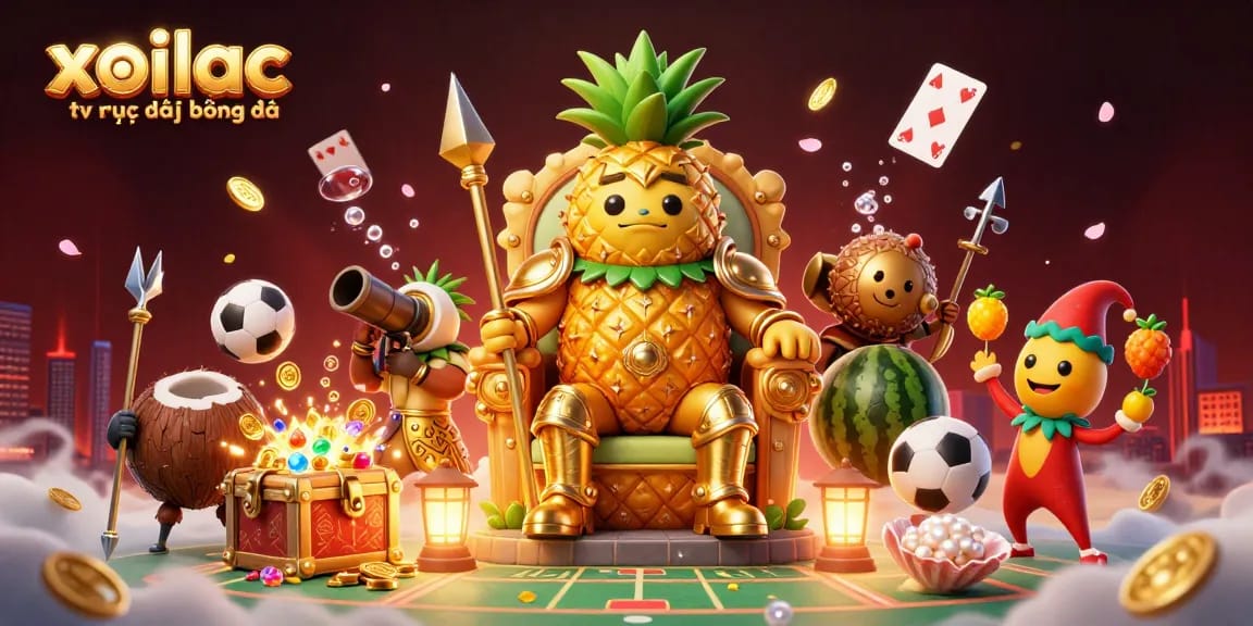 Xoilac tv trực tiếp bóng đá showcases a vibrant 3D casino with a pineapple king, lively characters, and sparkling treasure.