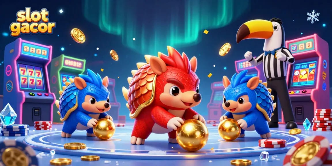 Engage in slot gacor excitement with rival pangolins battling in a vibrant casino scene.