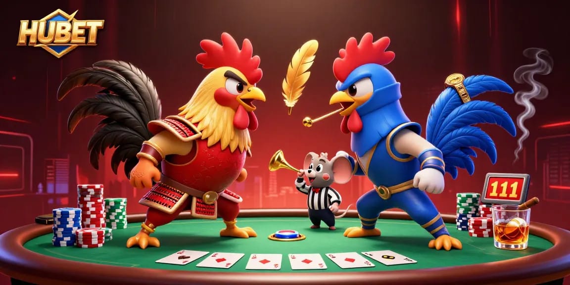 HUBET showcases thrilling roosters in battle at a vibrant poker table, highlighting dynamic gameplay.