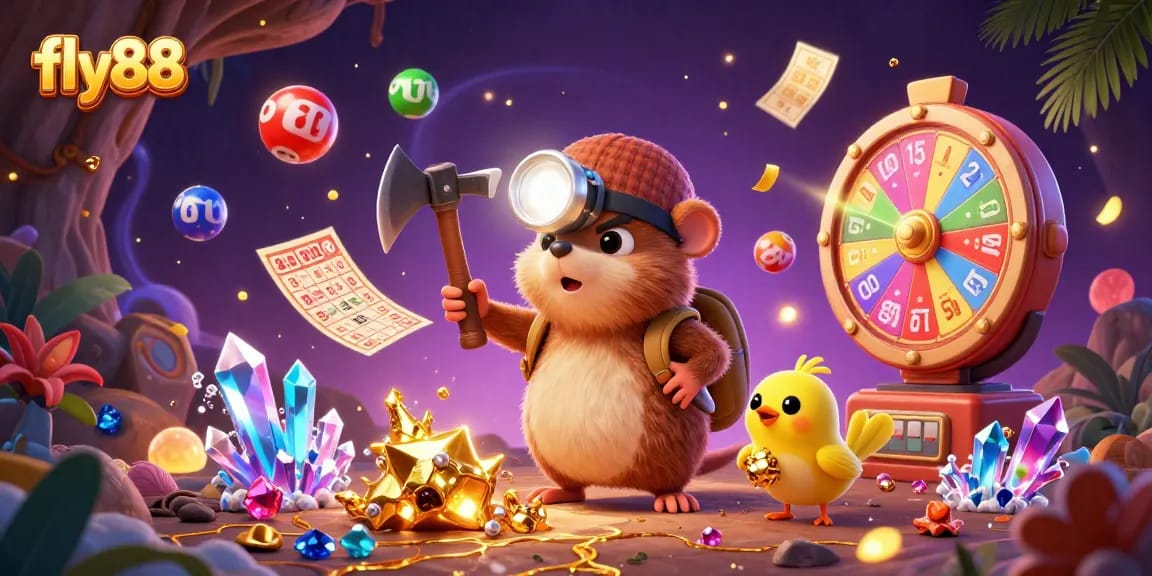 Experience the thrill of gambling with fly88 in this vibrant 3D illustration featuring a treasure hunter and lottery elements.