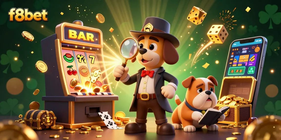 Join the treasure hunt with f8bet, a cartoon detective exploring a casino world packed with excitement!