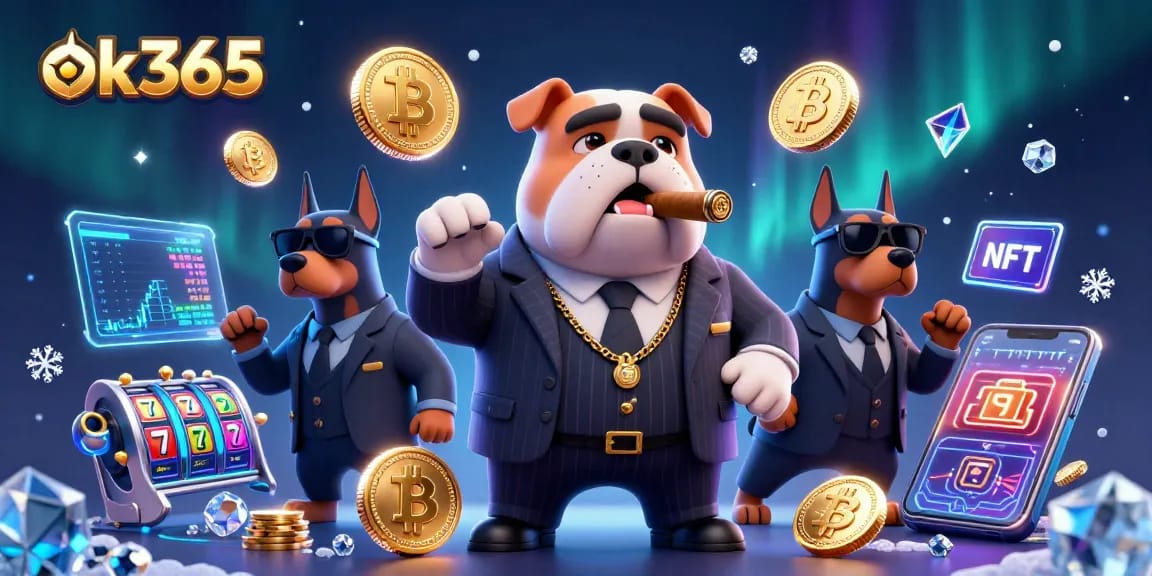 Engage in thrilling gambling at ok365 with a dynamic scene of cartoon mafia characters surrounded by slot games and crypto coins.