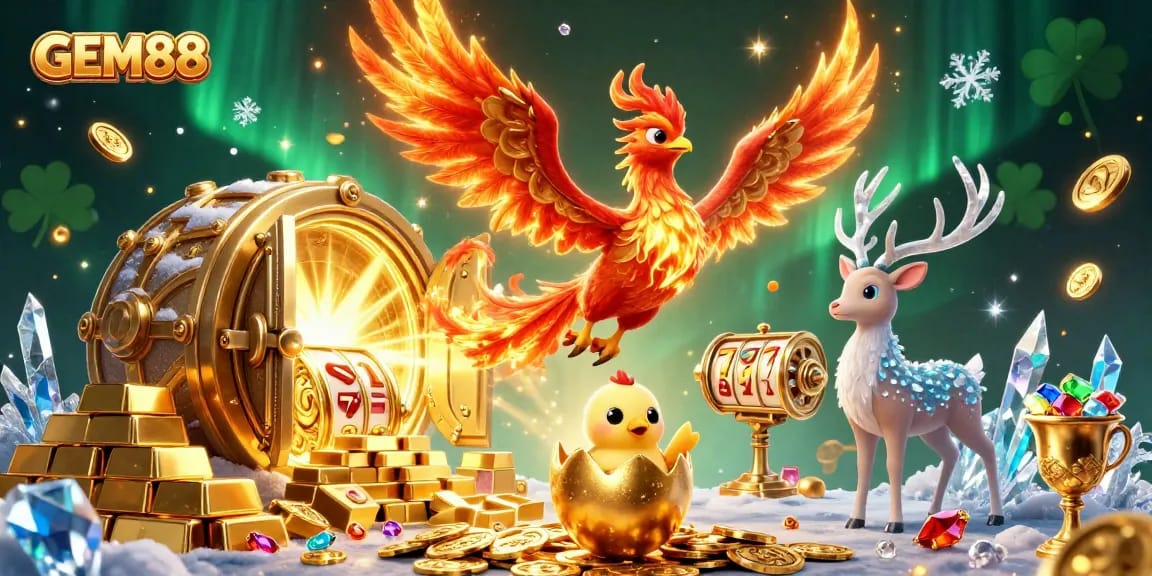 Experience the thrill of GEM88 with vibrant slots and magical characters in this captivating casino illustration.