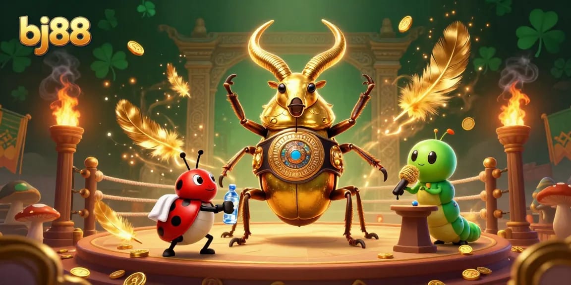 Experience thrilling action at bj88 with a golden stag beetle boxing match showcasing vibrant casino-themed elements.