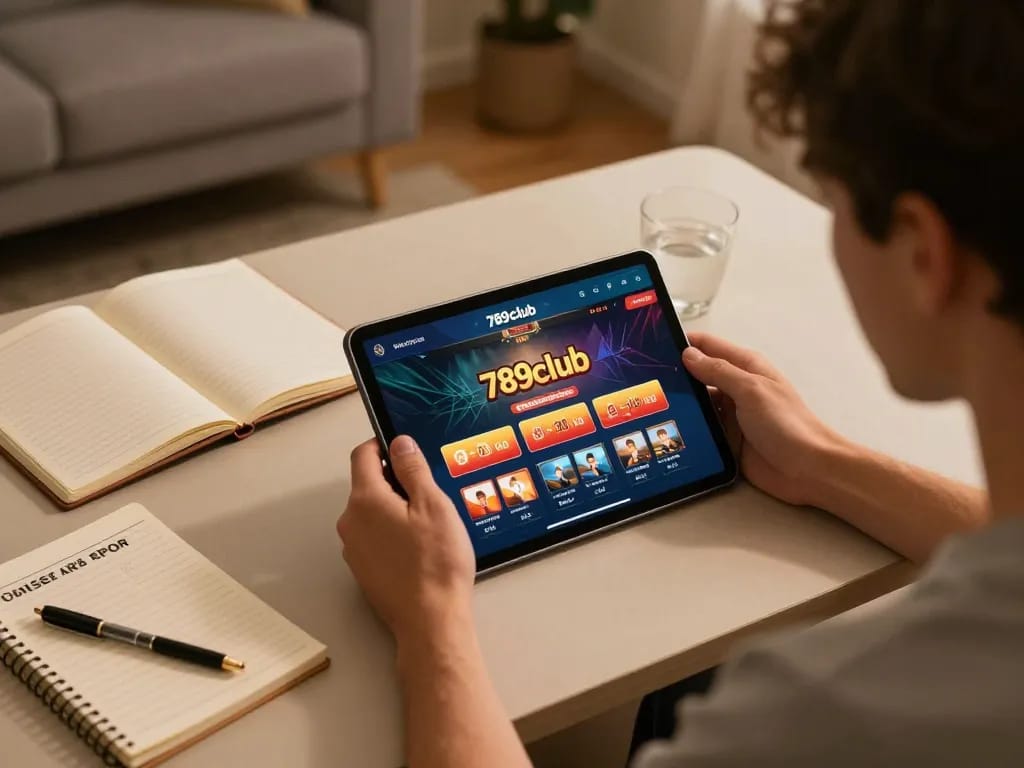 Player engaged in online gaming with the 789club app on tablet, showcasing strategic gambling.