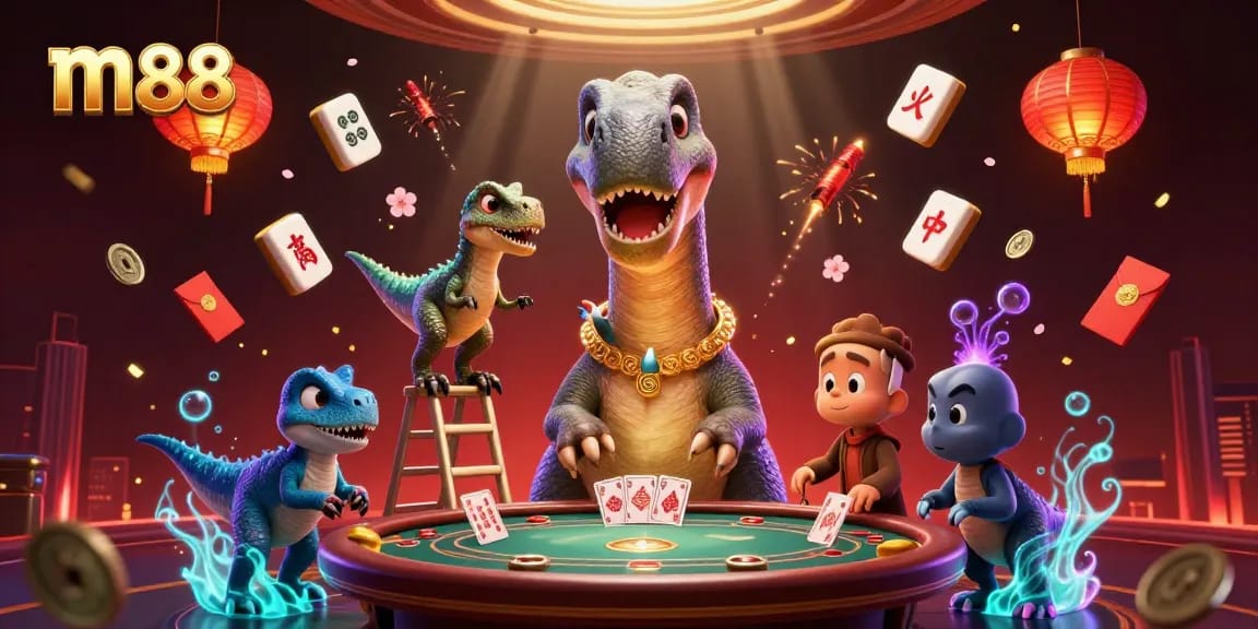 Experience the thrill at m88 with a 3D cartoon brontosaurus and exciting gaming elements.