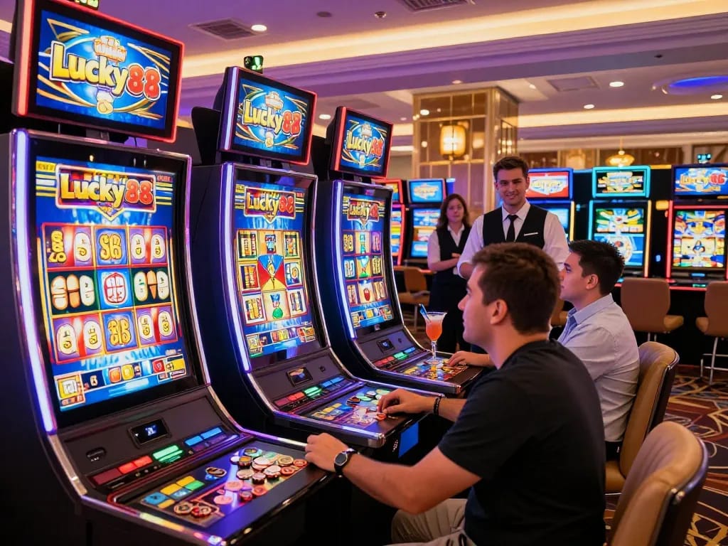 Excited players enjoying the Lucky88 slot machine in a vibrant casino setting