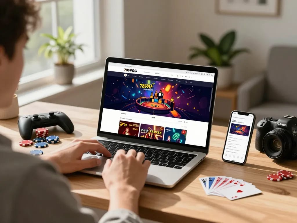 Engaged user exploring the 789P GG platform in a modern home office gaming setup.