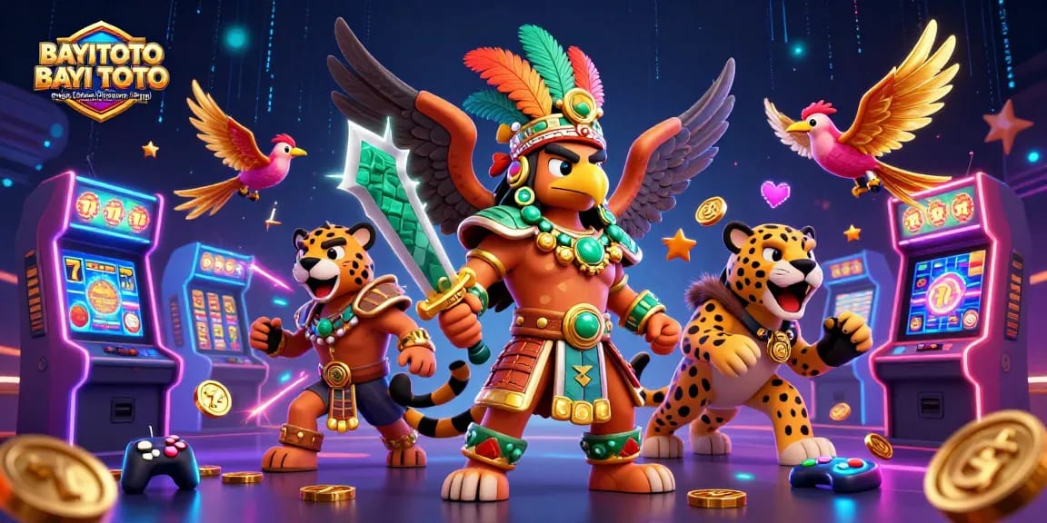 BAYITOTO Platform Togel Online Terpercaya BAYI TOTO dengan Peluang Menang Tinggi showcasing vibrant slot reels in a dynamic casino scene.