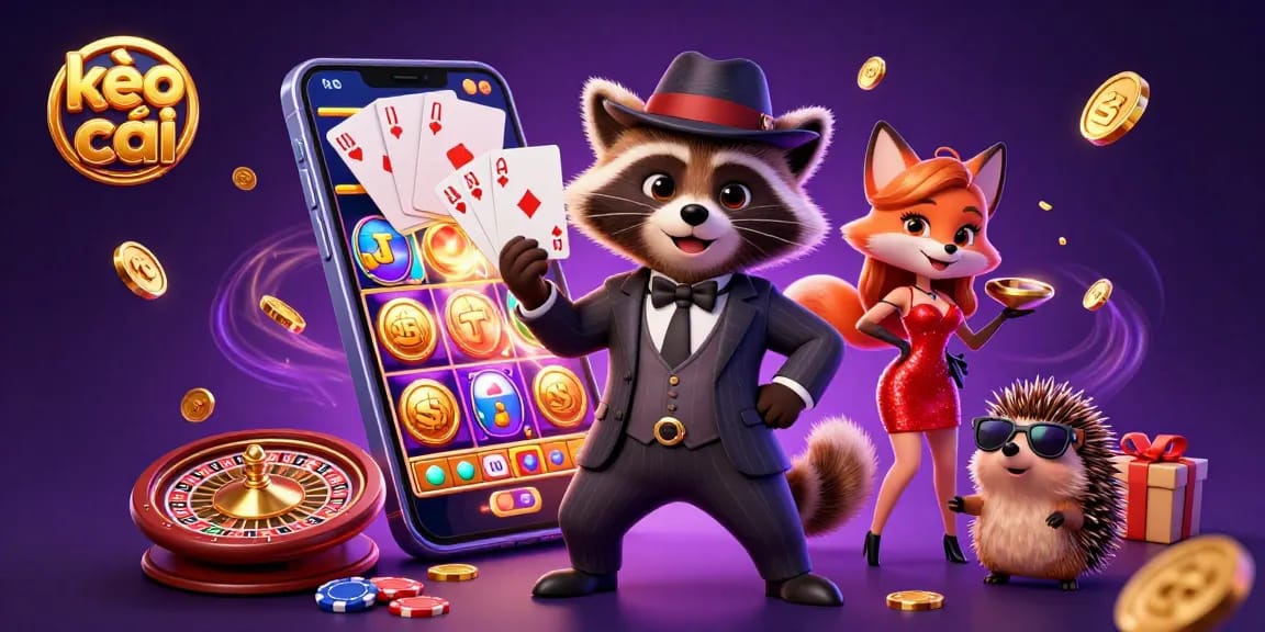 Engage with kèo nhà cái strategies featuring a suave raccoon, charming fox, and a hedgehog in a vibrant casino setting.