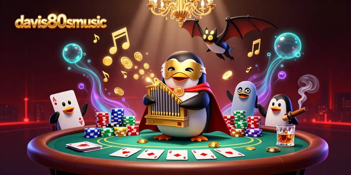 Engage with davis80smusic's vibrant casino scene featuring a fortune-play penguin amidst poker riches.