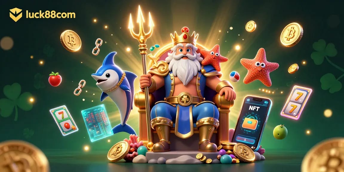 Engage with luck88com in a vibrant 3D casino scene featuring Neptune, showcasing exciting gaming elements.