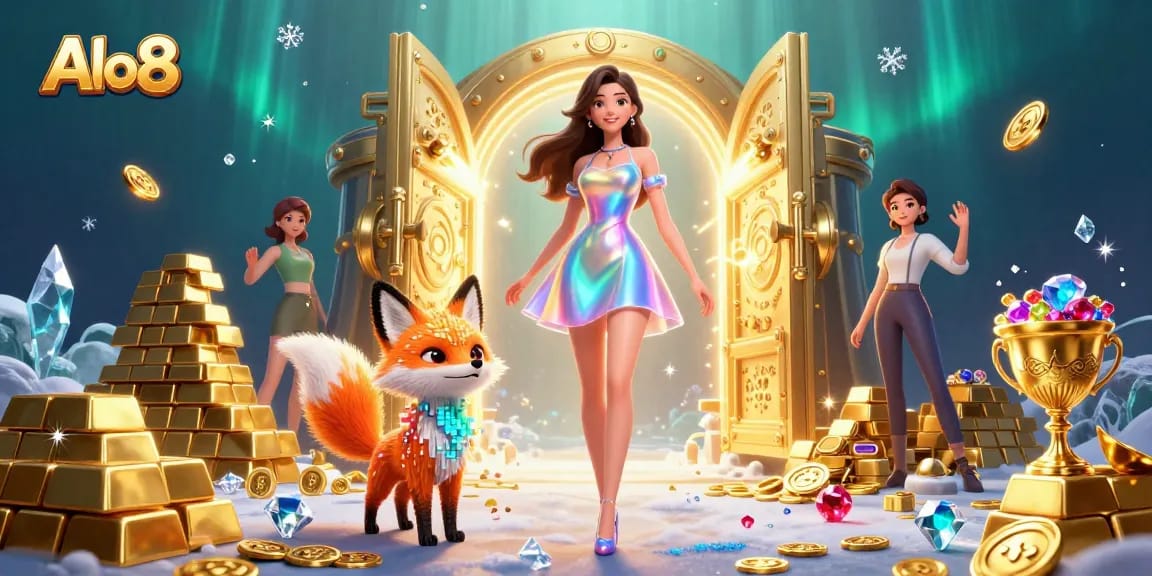 Alo8 engages players with dynamic 3D visuals, showcasing vibrant casino elements and treasures in a mystical setting.