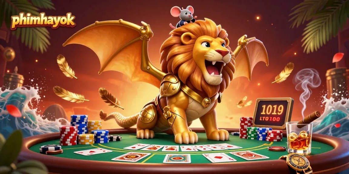 Engage in thrilling casino adventures with phimhayok, where a chimeric creature roars atop a magic poker table.