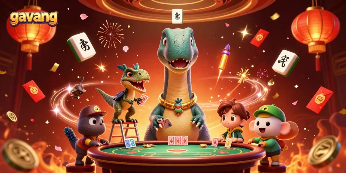 Gavang showcases a vibrant casino scene with a brontosaurus and raptor during the card dealing action.