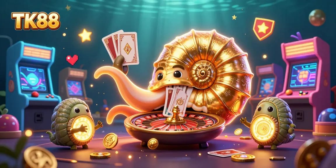 Engage with TK88's vibrant casino gaming scene featuring an ancient nautilus roulette wheel and glowing cards.