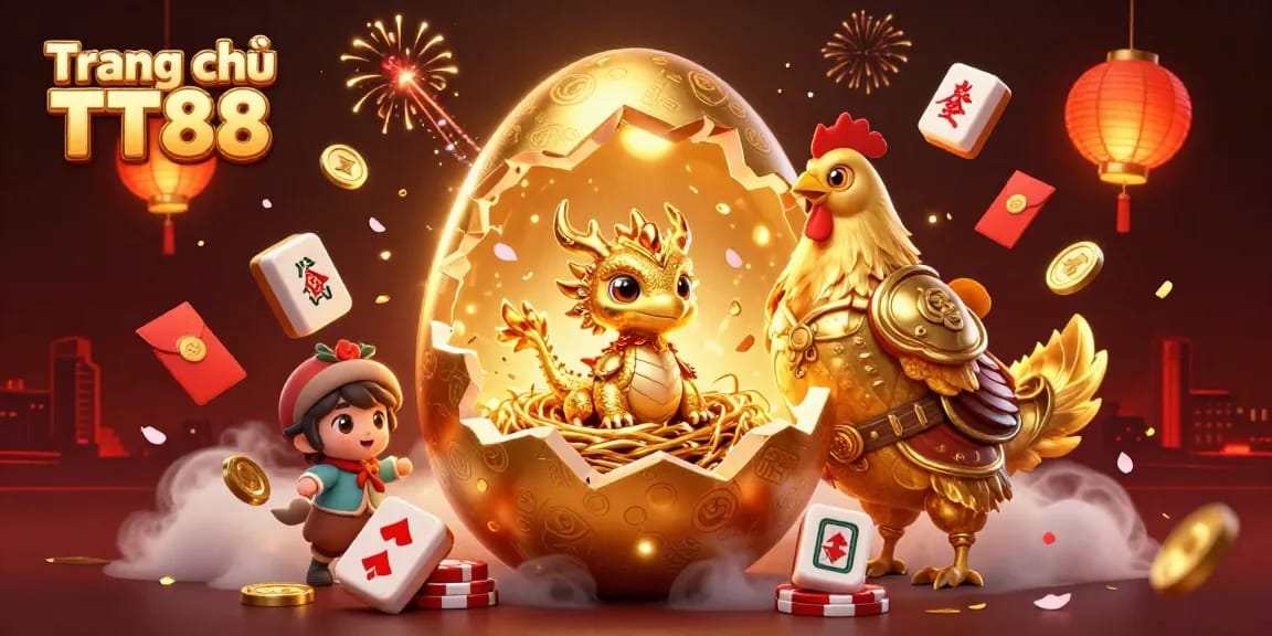Engage with the excitement of Trang chủ TT88 showcasing a vibrant 3D gambling scene with golden dragon and poker chips.