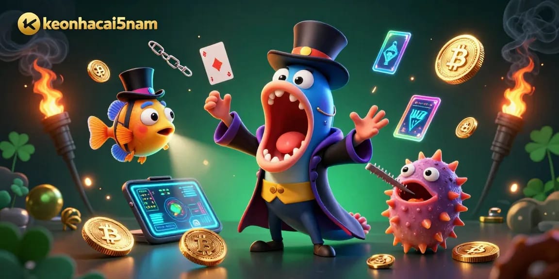 Engage with the exciting world of keonhacai5nam through a vibrant casino-themed illustration featuring a deep-sea magician.