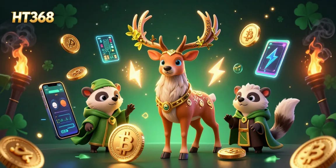 Experience thrilling gameplay at HT368 with a mystical druid stag and floating crypto coins.