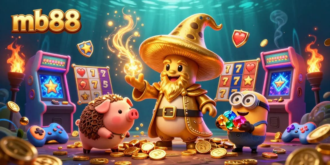 Join the mb88 gaming adventure with a vibrant scene featuring a golden wizard, treasure-hunting pig, and game elements.