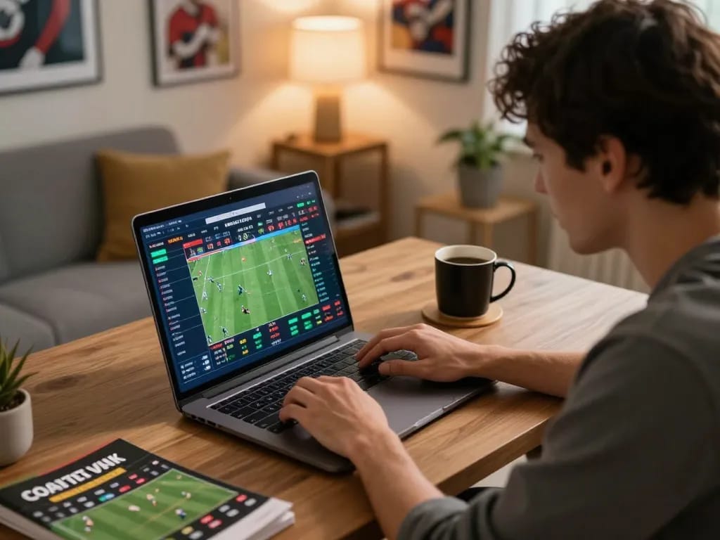 Engaging moment of sports betting with fyhot app on laptop in cozy home office setting.