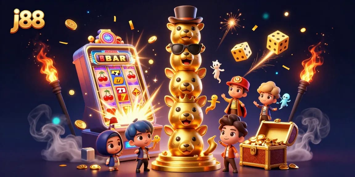 Win big at j88 with an exciting 3D casino scene featuring a dynamic totem pole and jackpot explosions.