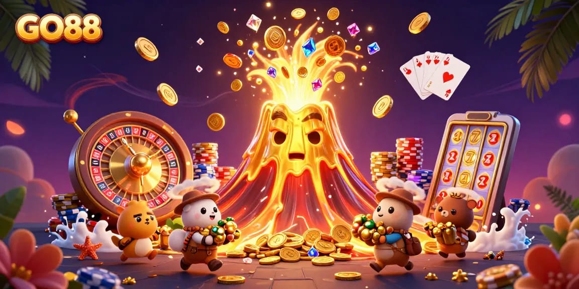 Experience thrilling wins at GO88 with the enchanting casino scene of vibrant games and treasures.