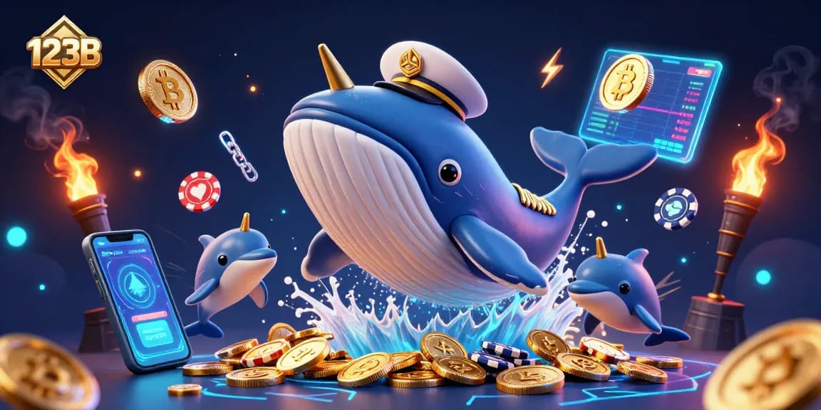 Experience thrilling gambling at 123B with vibrant casino characters and electrifying crypto elements in a fantastical scene.