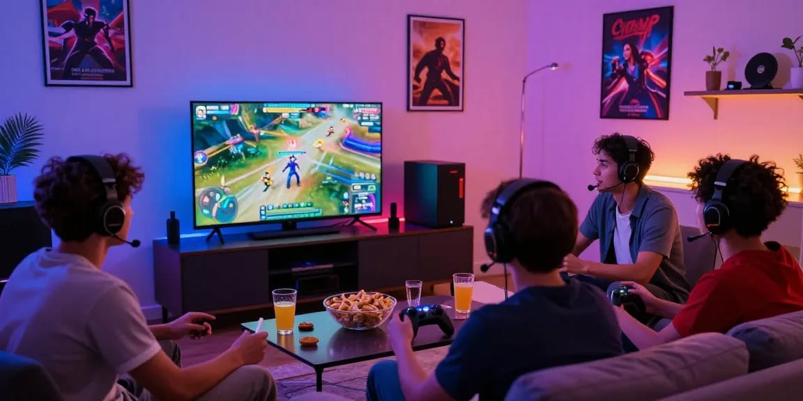 Energetic gaming scene showcasing friends engaged in multiplayer action on ok8386.com with vibrant LED lighting and snacks.