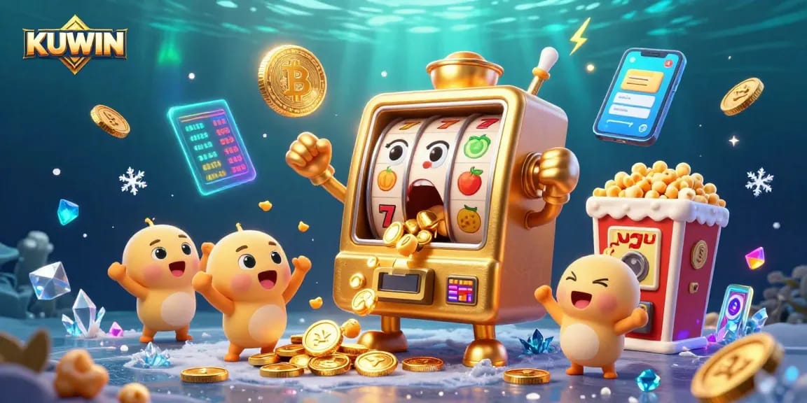 KUWIN slot machine hitting jackpot while coins pour out, surrounded by crypto elements and cheering companions.