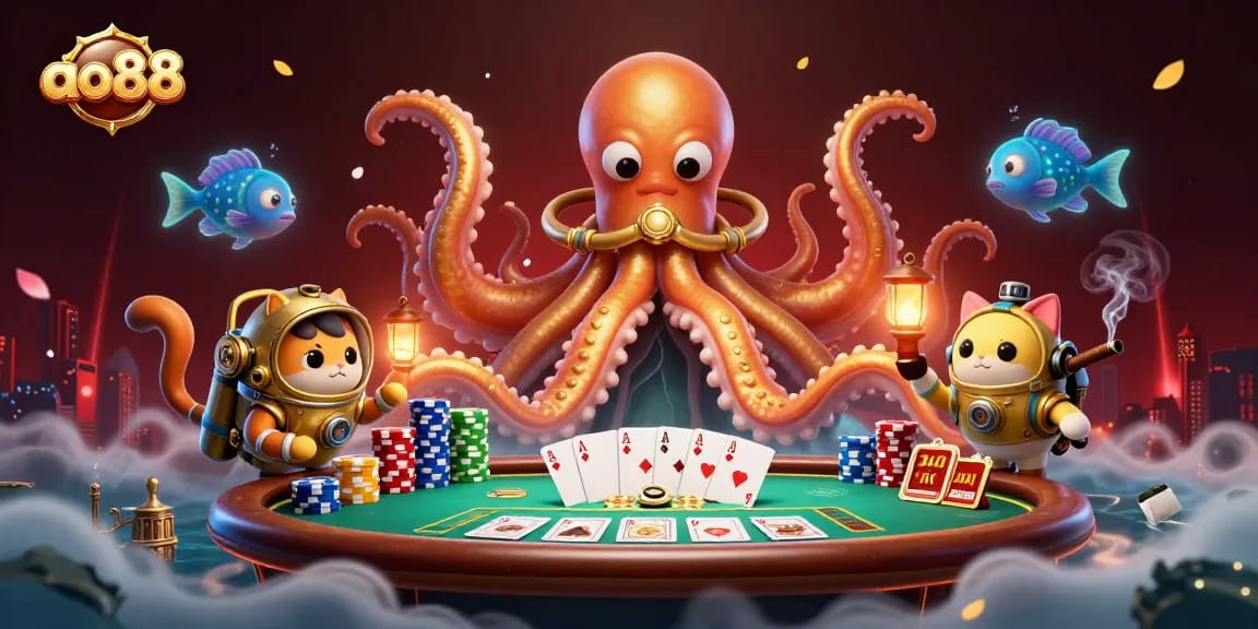 Experience the thrilling ao88 casino adventure with a kraken, diving cat, and poker elements.