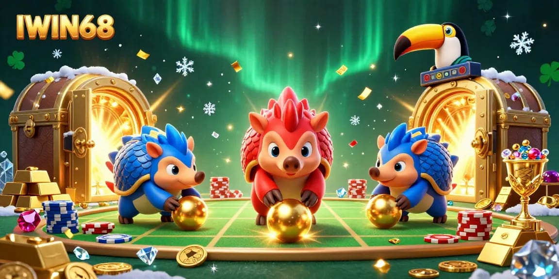 IWIN68 pangolins compete in a casino environment, surrounded by poker chips and treasures.