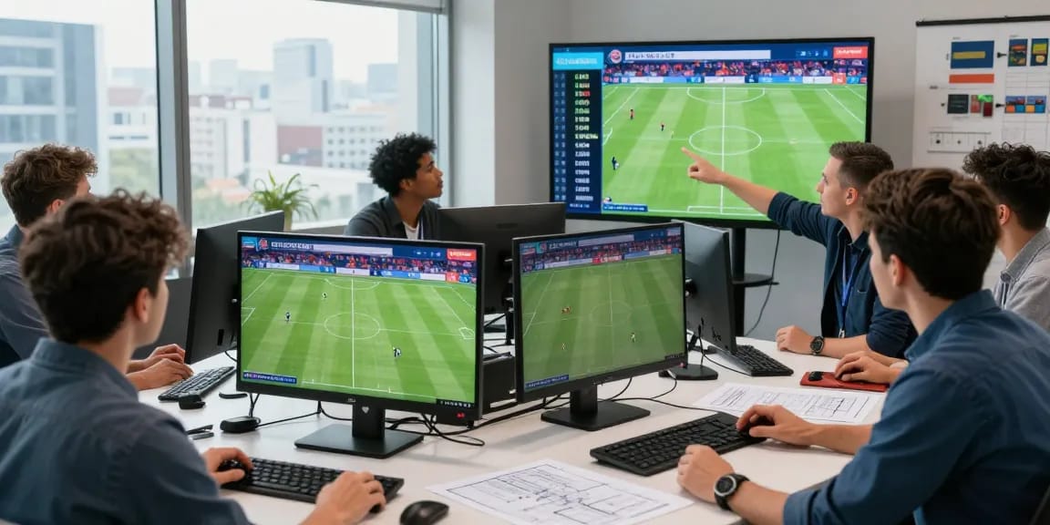 Nhận định kèo bóng đá in a vibrant sports analysis room with analysts discussing live betting odds.