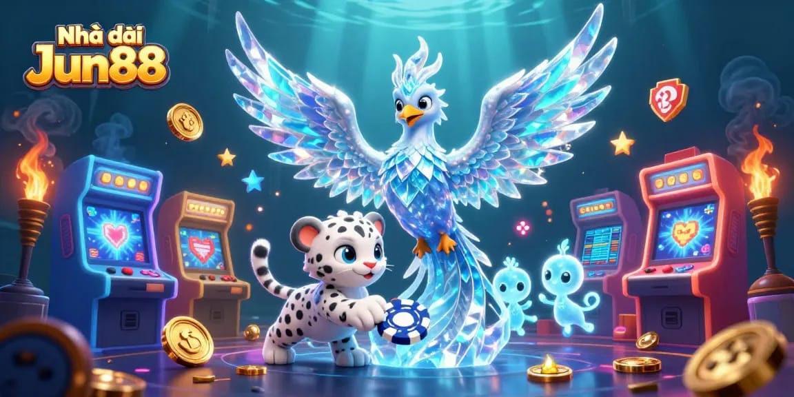 Experience the thrill of Nhà cái Jun88 with vibrant 3D illustration of an ice phoenix and playful snow leopard.