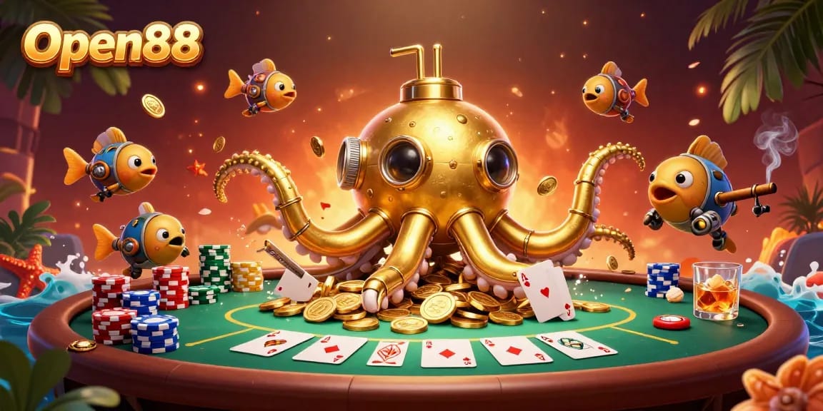 Experience thrilling gaming at Open88 with vibrant imagery featuring a kraken in a poker scene.