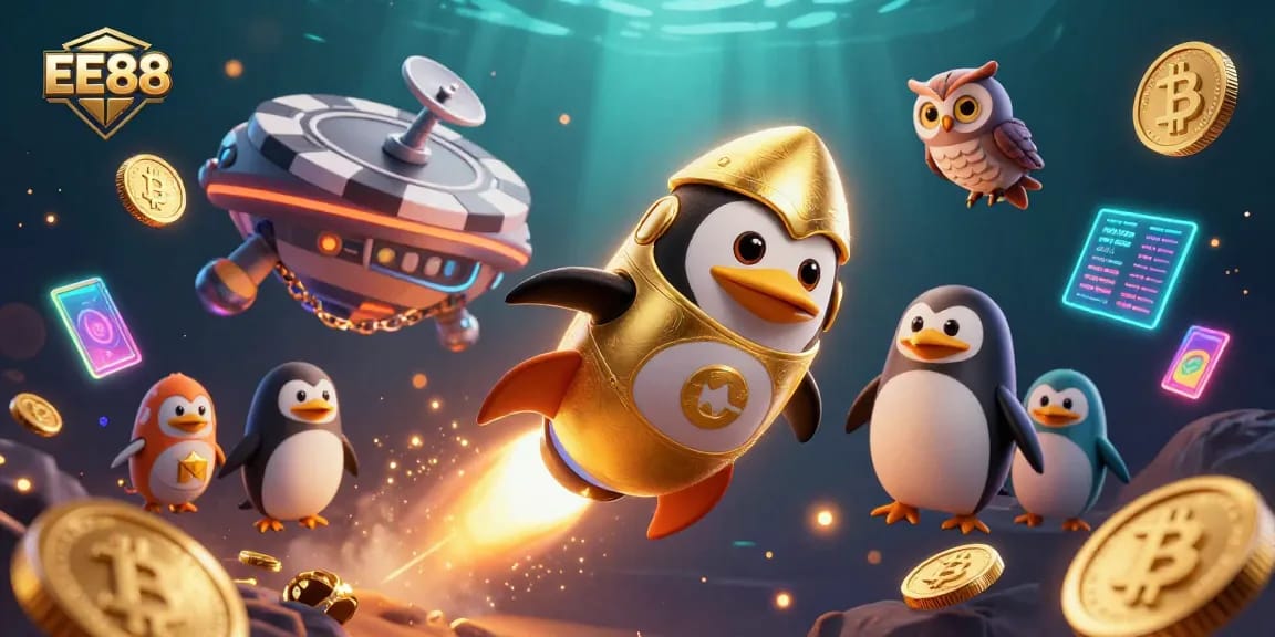 EE88 penguin casino adventure featuring a golden rocket-powered character among vibrant crypto elements