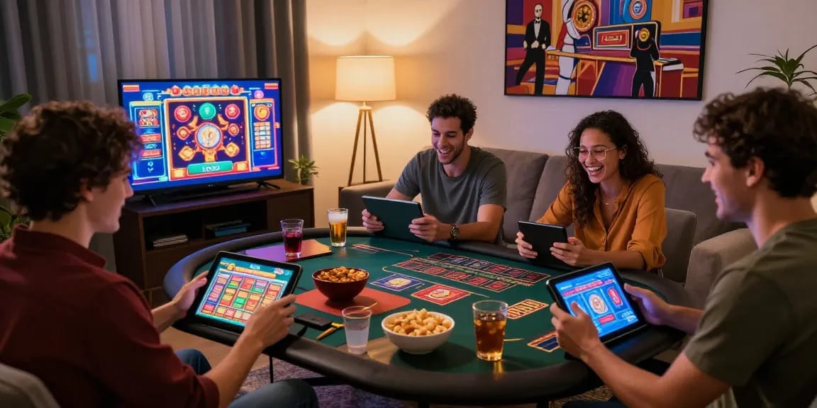 Friends enjoying casino games at home with 789Club app displayed on devices.