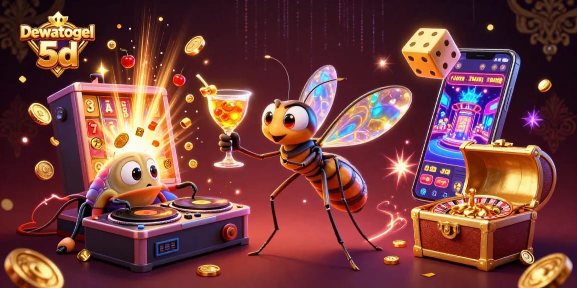 Dewatogel 5d showcases a vibrant casino scene with a frozen mosquito mascot and exciting game elements.
