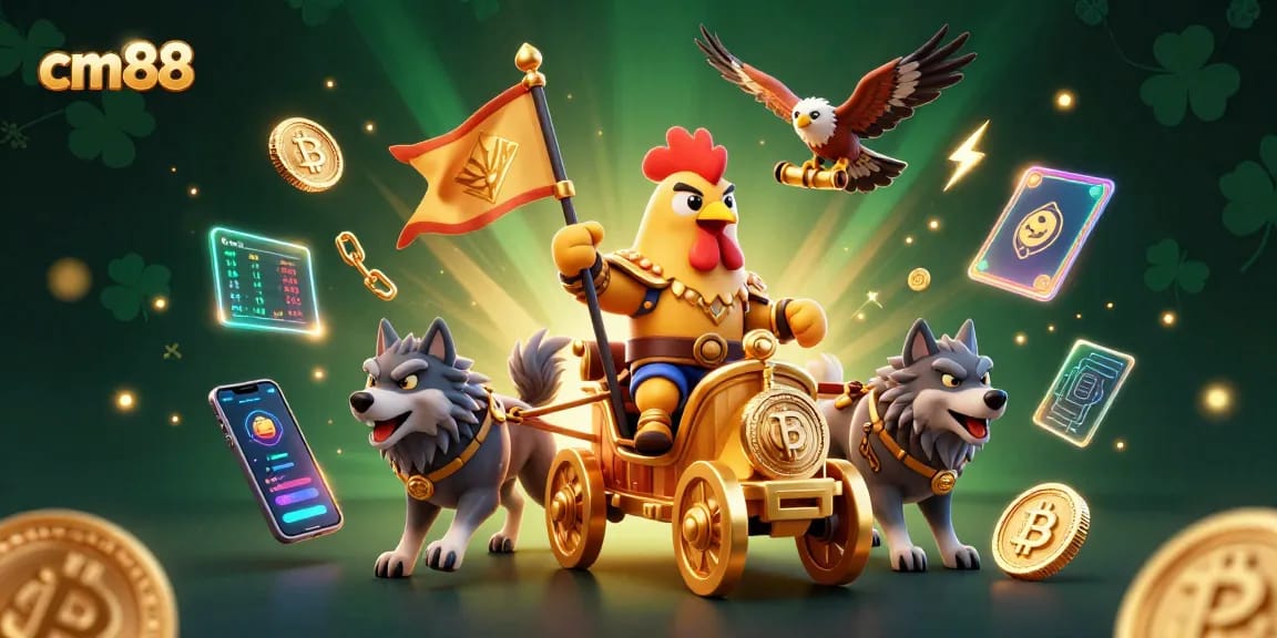 Experience thrilling jackpots at cm88 with a dynamic illustration of a rooster warlord leading the adventure.