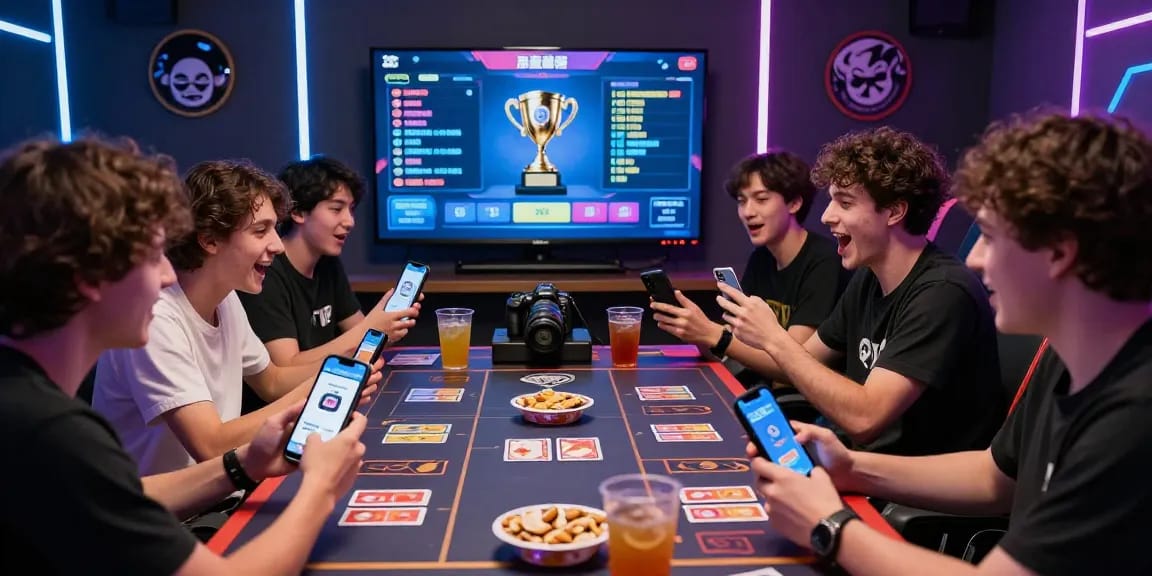 Excited gamers enjoying Zowin app on smartphones while playing card games at https://iros.gb.net/, showcasing dynamic entertainment.