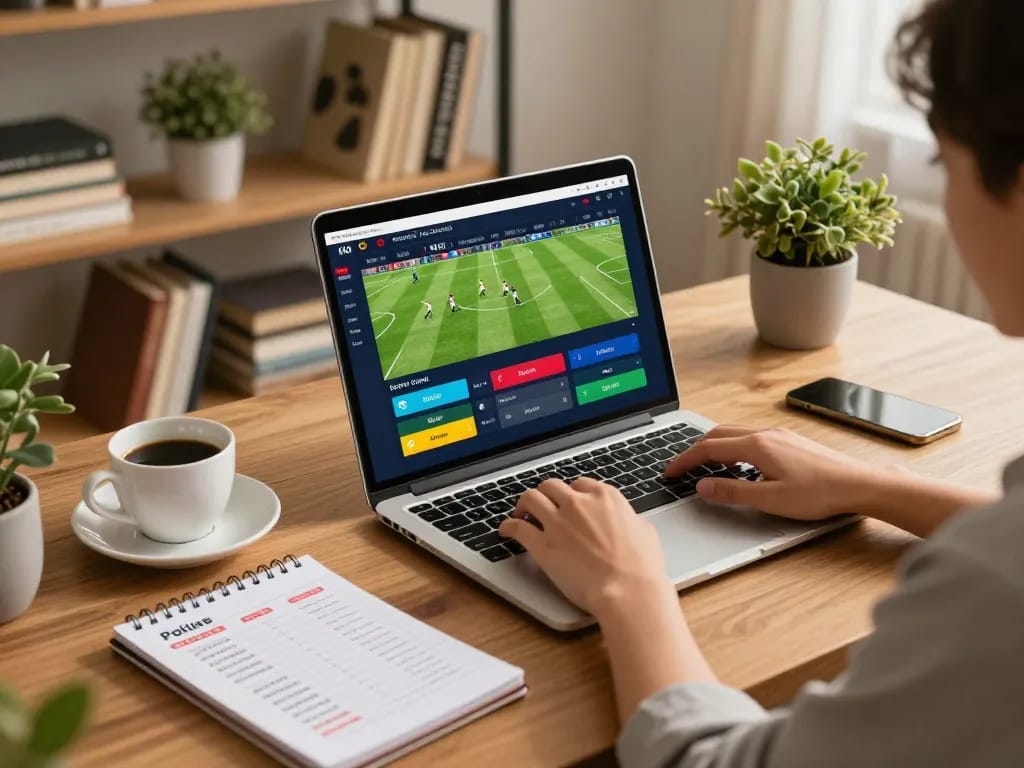 Engaging in tỷ lệ kèo trực tuyến while placing bets from a cozy home workspace with football match displays.