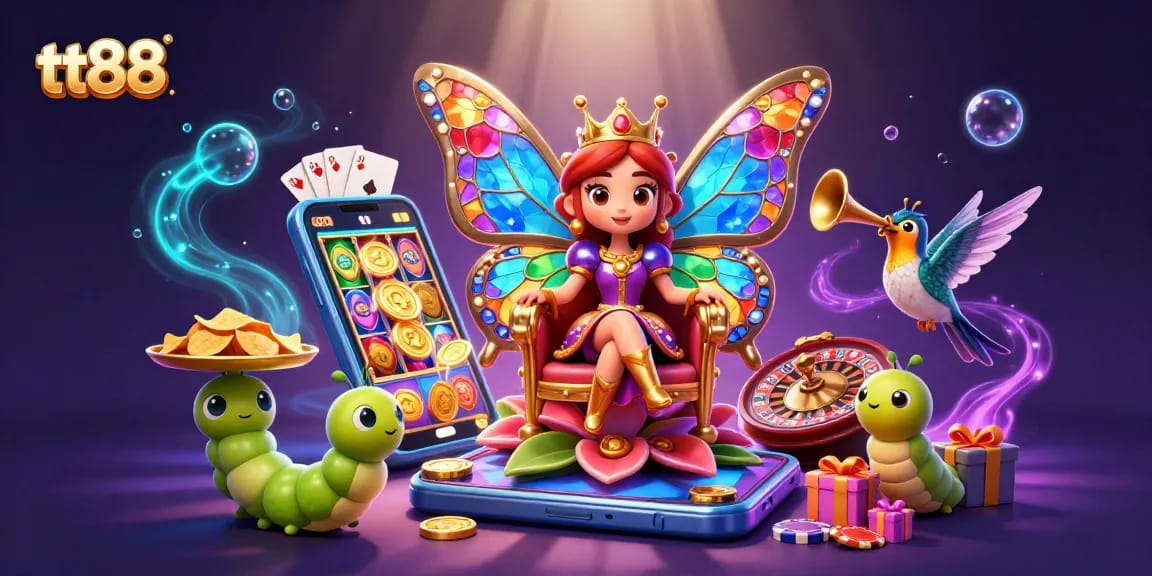 Win big with tt88's vibrant casino scene featuring a butterfly queen, slot games, and glittering chips.
